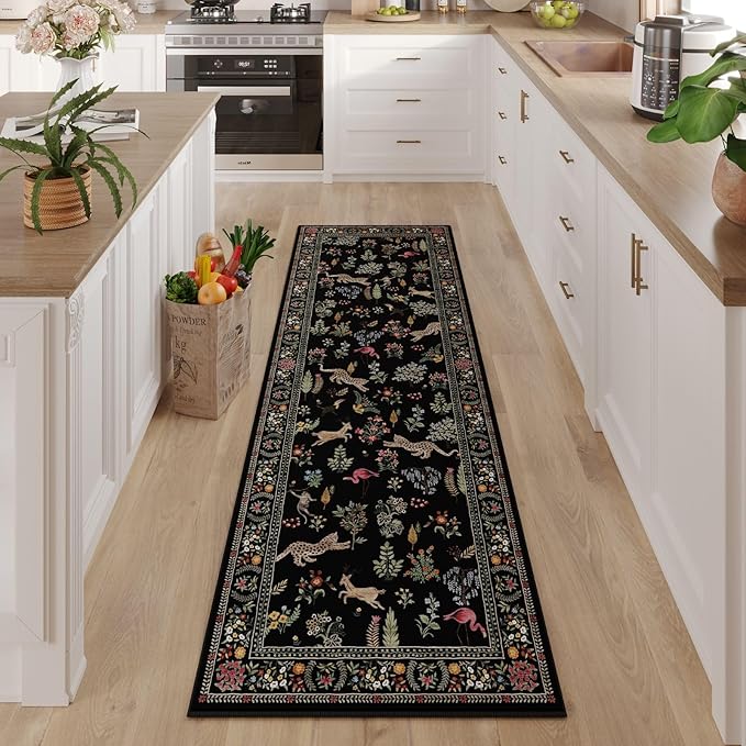 Runner Rug for Kitchen Rug Non Slip 2'6''x8' Washable Rugs with Rubber Backing Soft Floral Animal Carpet Runner for Kitchen, Laundry, Bedroom, Bathroom (Black)