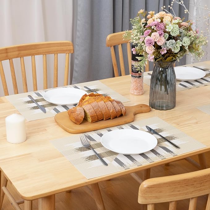 Winknowl Placemats Set of 4, Heat Resistant Stain Resistant Woven Vinyl Insulation Place mats, Durable Washable Elegant Table Mats for Kitchen Dining Table Decor (Geometric Beige)