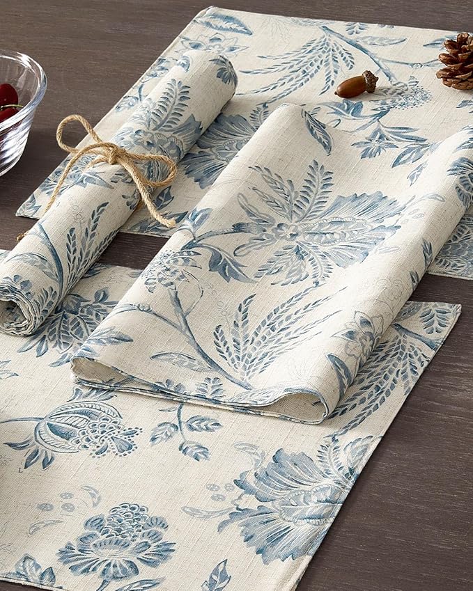 JINCHAN Linen Floral Fall Placemats Set of 4 Cloth Table Mats Rustic Cottagecore Jacobean Outdoor Seasonal for Kitchen Dining Table Decor Non-Slip Washable Tablemats 13x19 Inch Blue