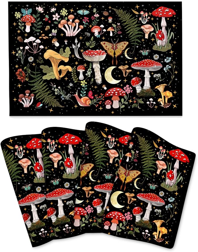 Mushroom Placemats Set of 4, Moth Gothic Witchy Table Mats, Heat Resistant Washable Placemat for Kitchen Dining Tables Decor, Black and Red Linen Place Mats 12"x18", Witchy Gifts for Women