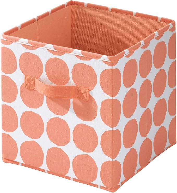 iDesign Dot Fabric Storage Cube Bin, Small Basket Container with Dual Side Handles for Closet, Bedroom, Toys, Nursery - Coral