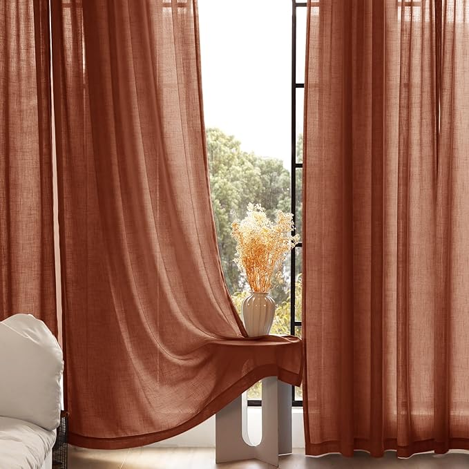 84 inch Linen Terracotta Curtains 2 Panels for Living Room Back Tab Light Filtering Semi Sheer Rust Colored Curtains 84 inches Long Soft Thick Cotton Cloth Textured Rustic Boho Farmhouse Room Decor