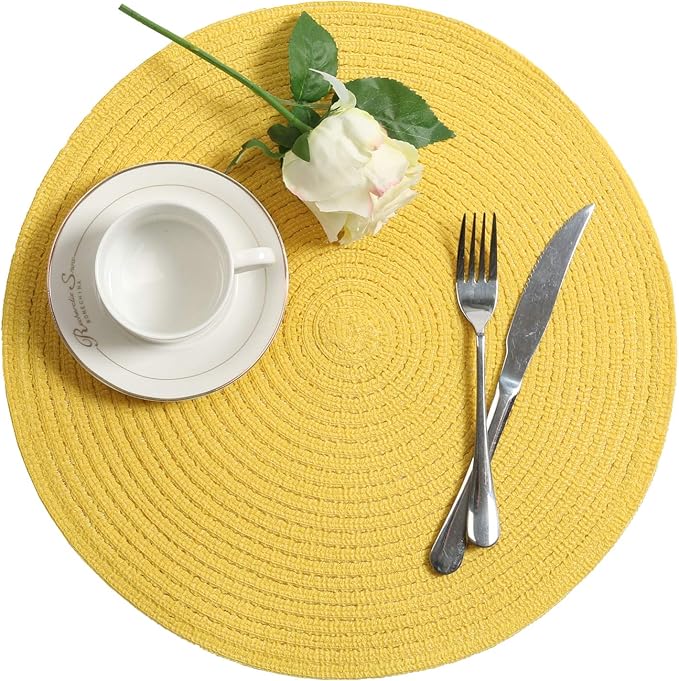 SHACOS Round Braided Placemats Set of 4 Washable Kitchen Table Placemats for Home Wedding Party (Yellow, 4)
