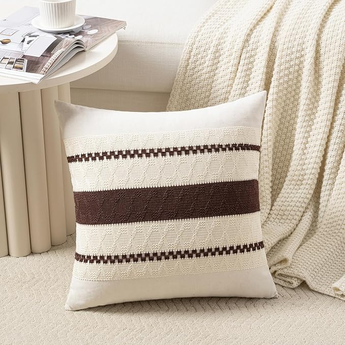 Fancy Homi Set of 2 Boho Brown Euro Decorative Throw Pillow Cover 26x26 Inch for Couch Bed Bedroom, Aesthetic Modern Organic Farmhouse Room Decor, Soft Cotton Accent Macrame Woven Cushion Case