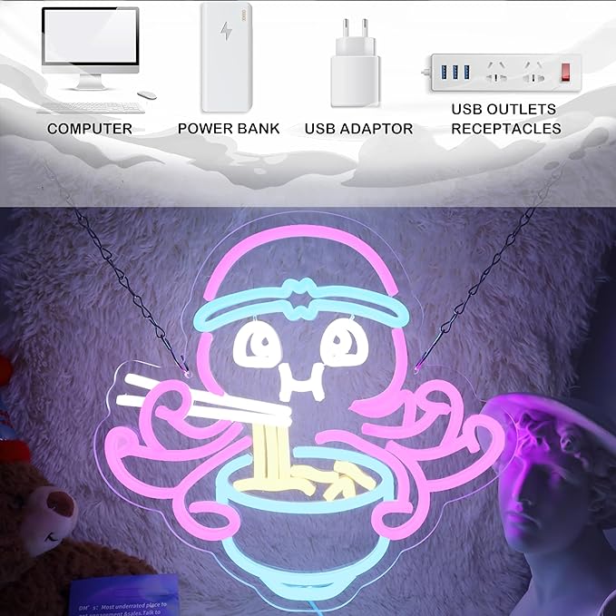 Octopus Eat Ramen Neon Sign for Room Wall Decor Japanese LED Neon Light Restaurant Cafe Decor Man Cave Game Room Wall Art 13.4"×12.6"