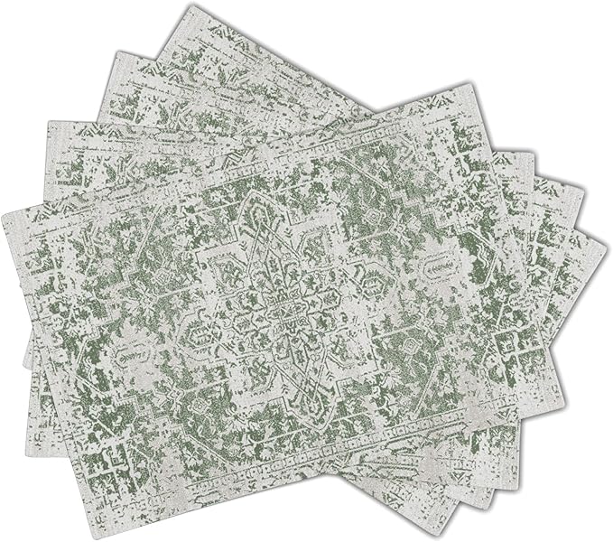 Gray Sage Green Boho Placemats Set of 4 Ethnic Bohemian Carpet Place Mats Washable Kitchen Dining Vintage Grey Geography Floral Linen Table Mats Stain Heat-Resistant for Home Party Indoor 12x18 in