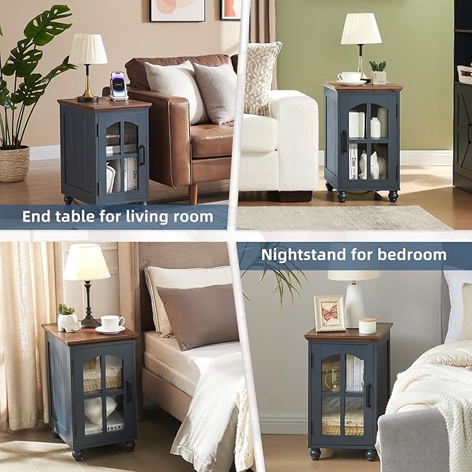 Farmhouse End Table Set of 3 with Charging Station, 18'' Narrow Side Table and 24" Large Sofa Side Table with Glass Barn Door Storage, Wood Night Stand Bedside Table for Living Room,Bedroom
