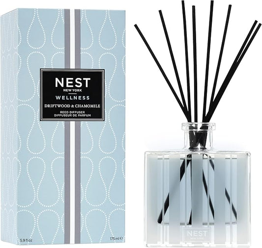 NEST New York Reed Diffuser, Driftwood & Chamomile - 5.9 fl oz - Fragrance for Up to 90 Days - Reusable, Refillable Glass Holder - Includes 8 All-Natural Reed Sticks - Flame Free