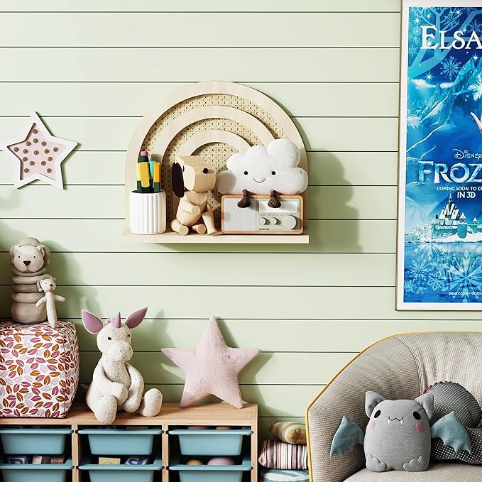 Rattan Wall Arched Shelf - Boho Nursery Decor, Woven Natural Wood Wicker, 15''L Neutral Handcrafted, Rainbow Decorative for Living Room, Bedroom & Bathroom