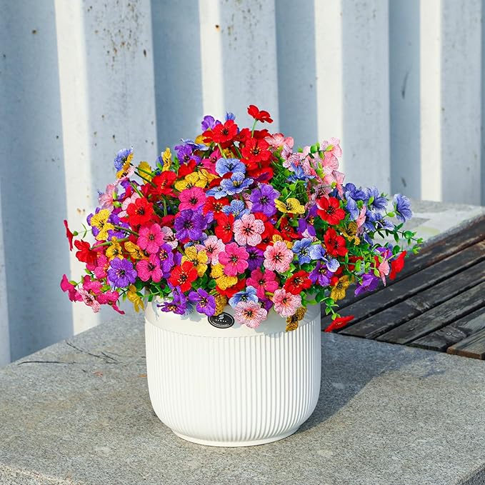 48 Bundles Artificial Flowers for Outdoors Decoration, UV Resistant Silk Violet with Leaf Grass and Eucalyptus Spring Fake Plants for Outside Indoor Yard Home Patio Porch Decor, Mix 6 Colors