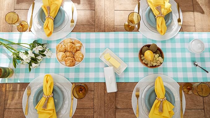 DII Heavyweight Fringed Check Tabletop Collection, Table Runner, 14x72, Aqua