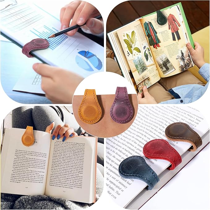 Palksky Magnetic Bookmark, 6PCS Genuine Leather Book Markers Magnet,Vintage Leather Magnet Markers Clips for Reading Women Men Teachers Students, Book Accessories, Book Lovers Gifts