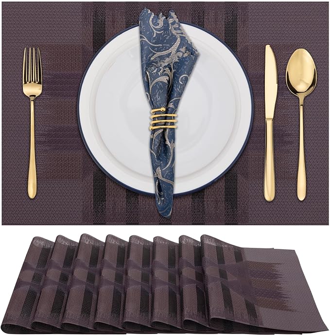 Winknowl Placemats Set of 8, Heat Resistant Stain Resistant Woven Vinyl Insulation Place mats, Durable Washable Elegant Table Mats for Kitchen Dining Table Decor (Geometric Purple)