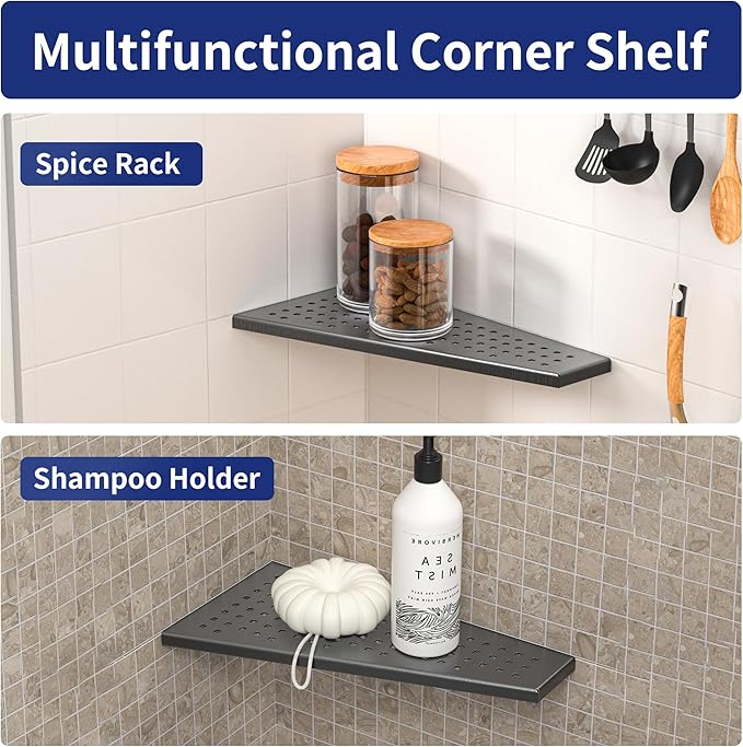 Corner Shower Shelf, 12" Trapezoid Floating Shelf 304 Stainless Steel Grid Design Recessed Bathroom Shelf for Tiled Wall No Drilling (Gunmetal, 12"-2 Pack)