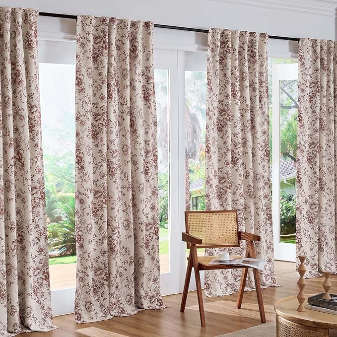 jinchan Blackout Linen Blend Curtain Floral Blackout Curtains for Living Room 90 Inch Length Brick Red Printed with Lined Blackout Curtain for Bedroom Farmhouse Curtains Set 2 Panels