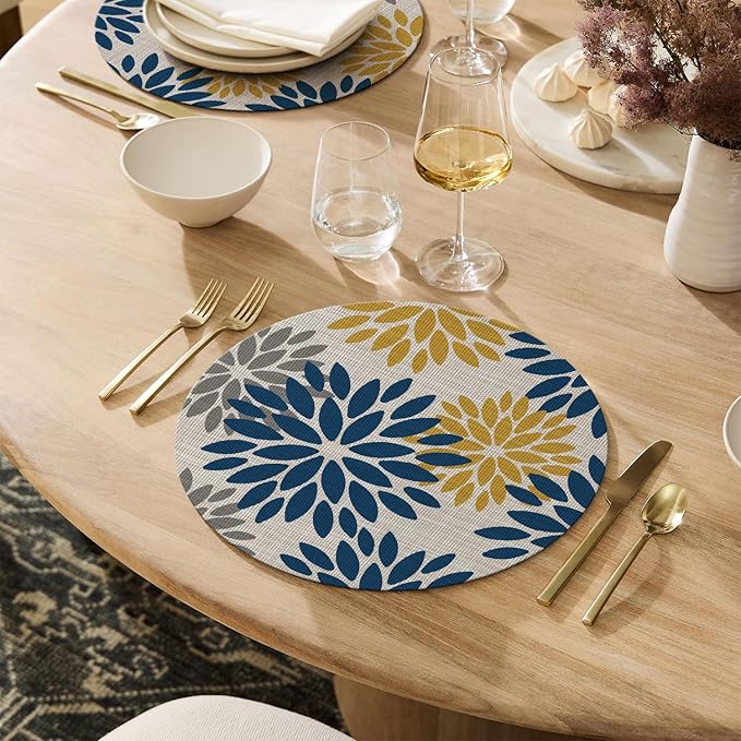 Artoid Mode Navy Yellow Dahlia Plastic Round Placemats Set of 4, 14 Inch Seasonal Wipeable Woven Vinyl Table Mats for Farmhouse Party Kitchen Dining Decor
