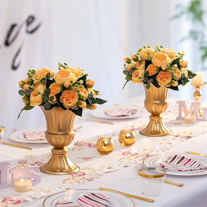 Sziqiqi Gold Flower Arrangements Vase for Wedding Table Centerpiece - 9in Metal Planter Vase Pot for Artificial Real Flower Small Trumpet Plant Urn for Garden