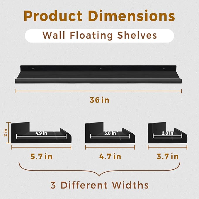Annecy Floating Shelves Wall Mounted Set of 3, 36 Inch Black Rustic Wood Shelves for Wall, Wall Storage Shelves with Guardrail Design for Bedroom, Bathroom, Kitchen, Office, 3 Different Sizes