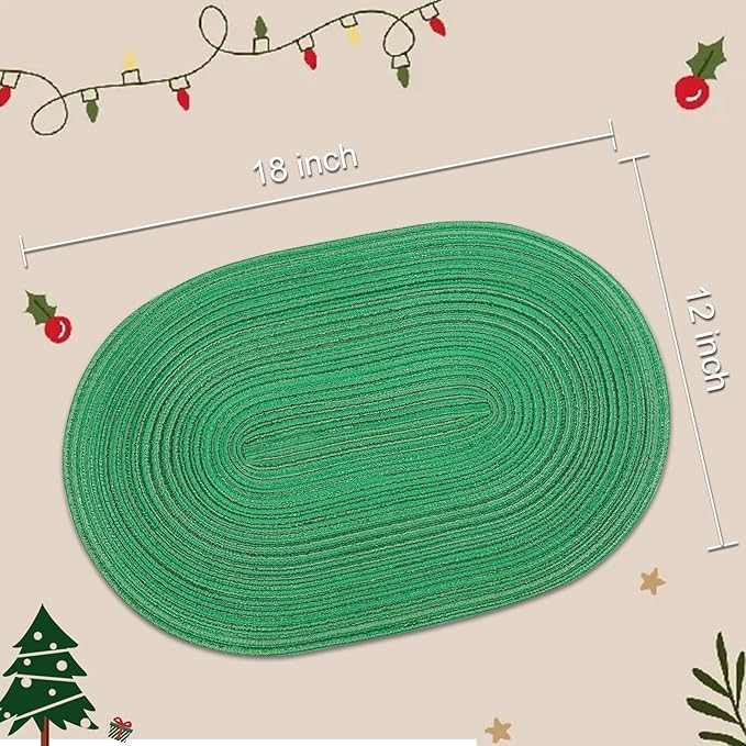 Noctiflorous Oval Braided Placemats Set of 6 Woven 12x18 Inch Non Slip Washable Heat Resistant Place Mats Round Tablemats for Dining Kitchen Party Daily Table Decor Dinner Mats (04 Green Shine, 6)