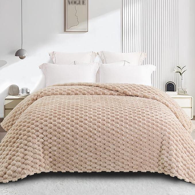 Whale Flotilla King Size Blanket for Bed with Jacquard Pattern, Fuzzy Soft Cozy Exquisite Blankets for All Season, Warm and Fluffy, 90x104 Inch, Camel