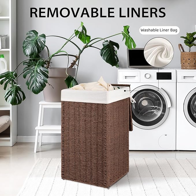 OIAHOMY Laundry Hamper with Lid, 17.2 Gal (65L) Wicker Hamper with Removable Liner Bag, Handwoven Clothes Basket with Handles, Foldable Paper Rope Basket for Laundry Room, Bedroom-Brown
