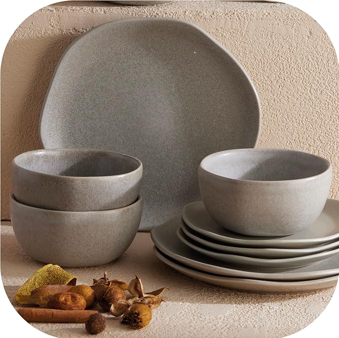 Corona Dinnerware Set 12– piece, Plates and Bowls Set, Ceramic Sets for 4, Microwave and Dishwasher Safe, Concreto Reactive Glaze