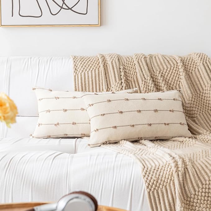 Boho Throw Pillow Covers 12x20 Set of 2 Modern Farmhouse Decorative Cushion Case Tufted Square Pillows Cover Neutral Pillow Cases Accent Pillowcase for Sofa,Couch,Bed,Beige and Khaki