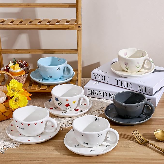 Koythin Ceramic Coffee Mug with Saucers, Handmade Flowers Mugs, Cute Cup for Girl Women, Aesthetic Tea Milk Cup with Handle, 8.5 oz/250 ml for Latte, Cocoa, Office, Home (Grey Small Bow)