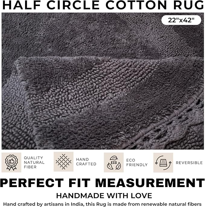 Half Circle Bohemian Bathroom Rug with Handwoven Chrochet Border, Beautifully Handcrafted 100% Cotton Mat - 22x42, Round Boho Bedroom Rug, Boho Bathroom Décor, Machine Washable Grey