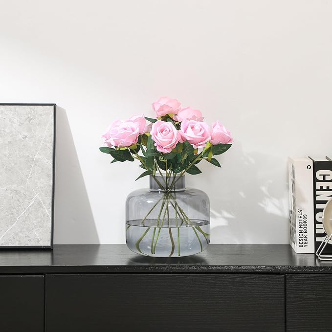 Round Glass Vase, Black Glass Vase, Wide Glass Vase, Large Glass Vase for Flowers, Large Flower Vase, 8 Inch Glass Flower Vase for Living Room, Dining Table, Wedding, Bookshelf, Office Decor