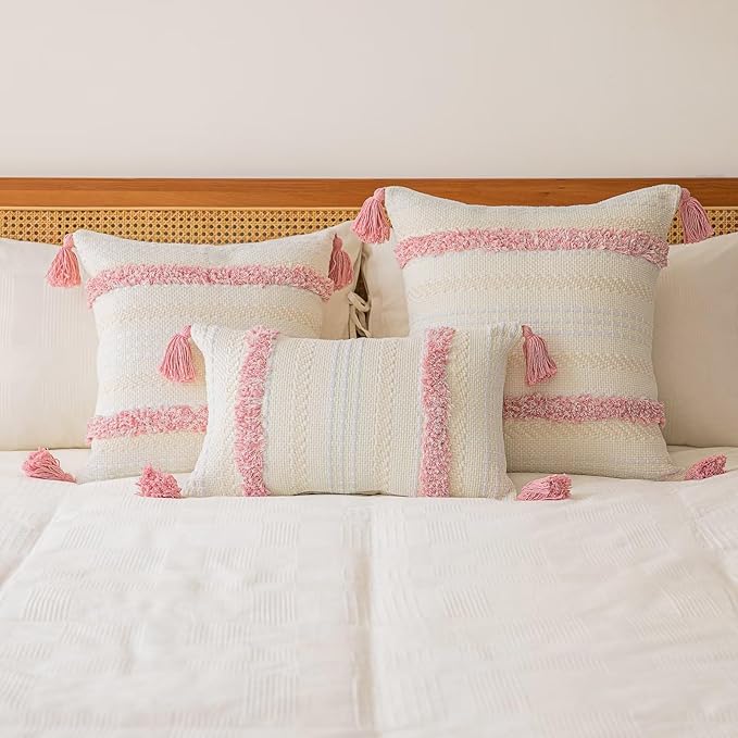 Boho Throw Pillow Covers 18x18 Set of 2 Woven Tufted Farmhouse Pillows Cover with Tassels Textured Striped Cushion Case Neutral Pillow Cases Decorative Pillowcase for Sofa, Couch, Bed, Pink