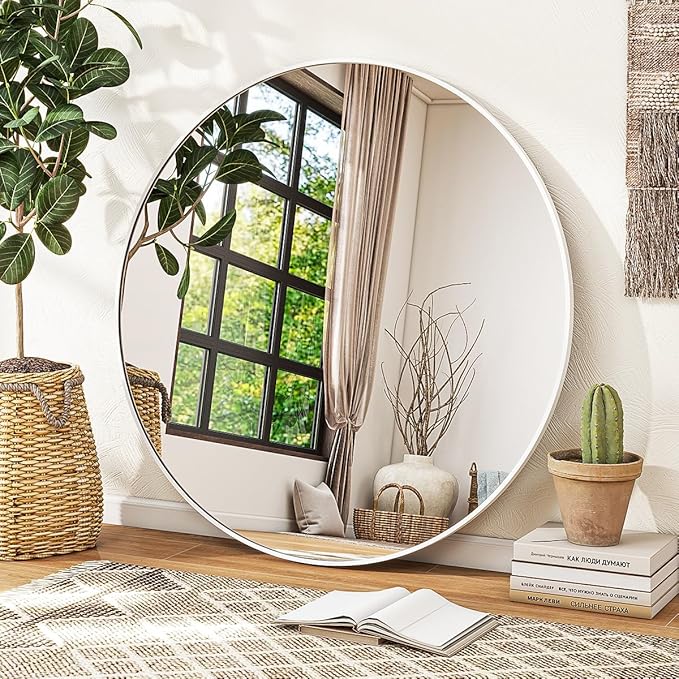 White Round Mirror, 20 Inch Bathroom Mirror with Metal Frame, Wall Wall-Mounted for Entryway, Bathroom, Vanity, Living Room