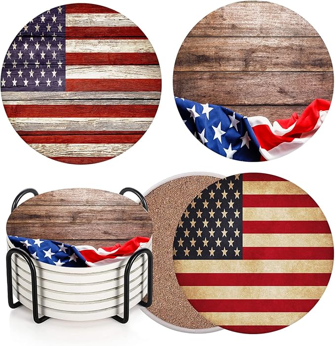 Britimes Coaster for Drinks Set of 6, United States Wooden American Flag Absorbent Round Ceramic Stone Mat, with Cork Base and Metal Holder, Gift for Housewarming Room Bar Decor