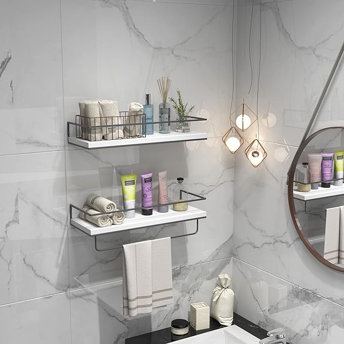 Shario Floating Shelves - Set of 2, Wall Mounted Hanging Shelves with Golden Towel Rack, Decorative Storage Shelves for Bathroom, Kitchen, Living Room & Bedroom (White Grey)