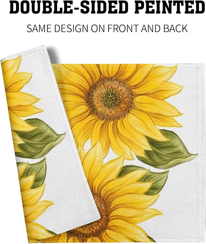 Sunflower Placemats Set of 4 Watercolor Sunflower Washable Non-Slip Heat Resistant 12×18 Inch Summer Florl Thick Place Mats Decorative Linen Fabric Table Mat for Dining Table