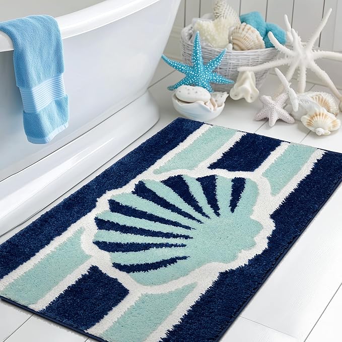 Navy Blue Beach Bathroom Rugs Non Slip Washable Cute Coastal Bath Mats Rugs for Bathroom Floor Nautical Fluffy Plush Soft Absorbent Farmhouse Carpet for Shower, Tub, 20x32 inch