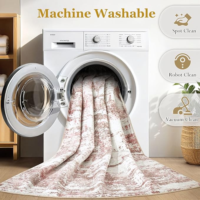 Area Rugs for Living Room: 8x10 Abstract Washable Rug Modern Neutral Large Soft Stain Resistant Non-Slip Backing Machine Table for Bedroom Dining Room Indoor Home Office Carpet - Pink