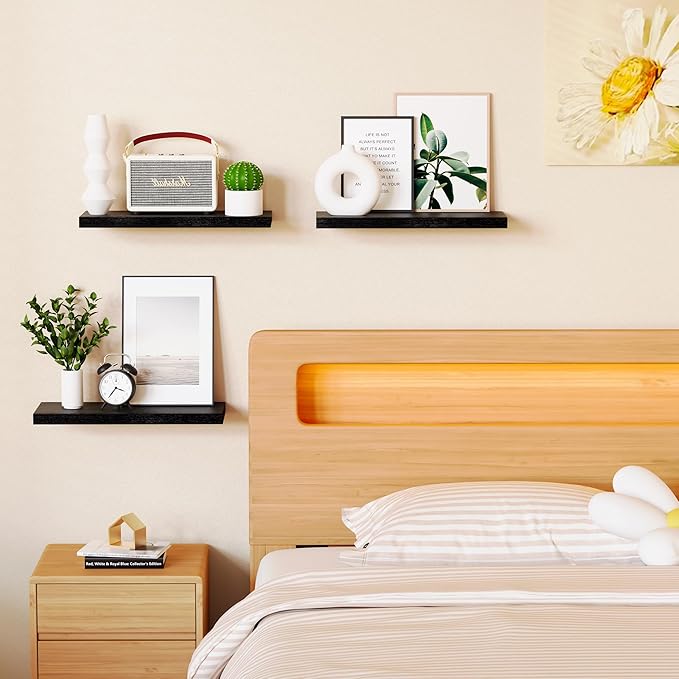 3 Packs Floating Shelves for Wall Storage Minimalist Modern Scandinavian Hogar Living Room Office Plant Decorative Projector Trinket Trophy Gaming Tv Projector Book Home Decor Bookshelf Shelf Black