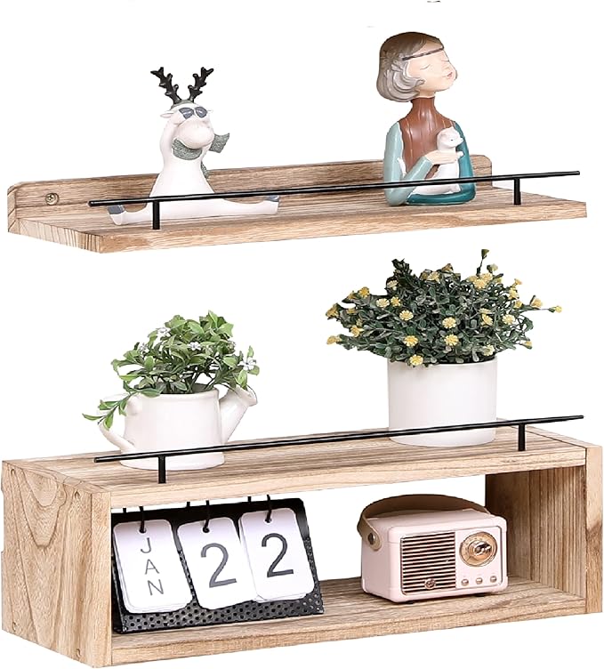 WONFUlity Bathroom Shelves with Storage Basket and Over Toilet Paper Holder, Farmhouse Wood Floating Shelves for Living Room, Bedroom, Kitchen, Wall Decor (2 Pack)