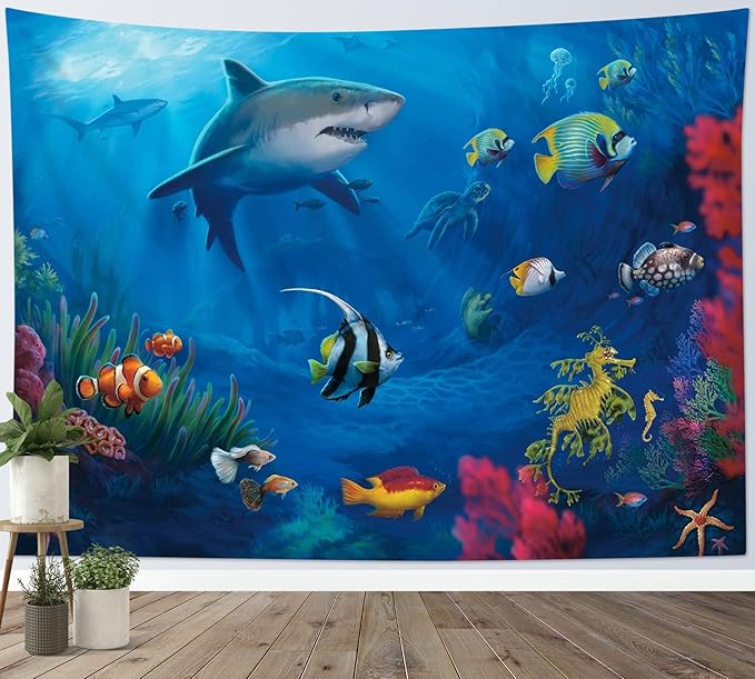 HVEST Blue Ocean Shark Tapestry Tropical Fish and Coral in Undersea World Tapestry Wall Hanging Sea Nature Landscape Wall Art for Bedroom Living Room Kids Tree Dorm Party Decor, 80W X 60H inches