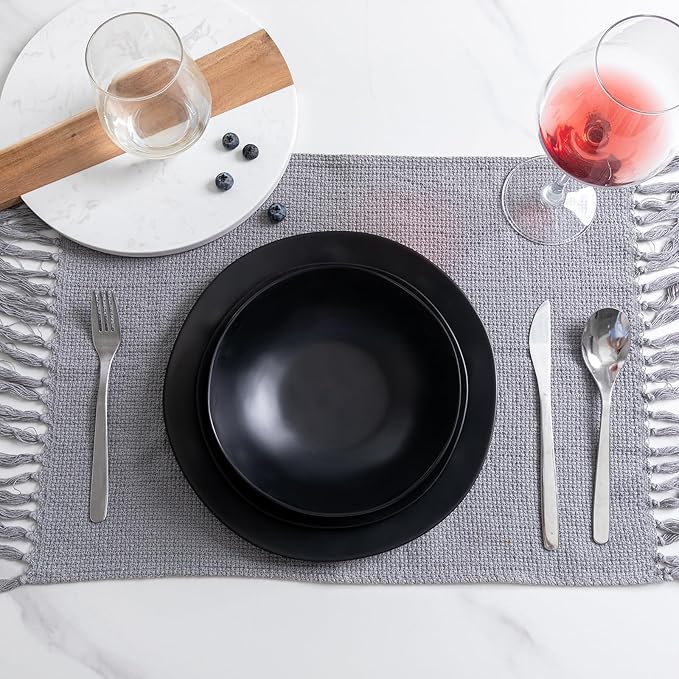 Black Melamine Plates and Bowls Set,12-Piece Melamine Dinnerware Sets for Indoor and Outdoor Use, Lightweight RV and Camping Dish Set for 4, BPA Free and Dishwasher Safe