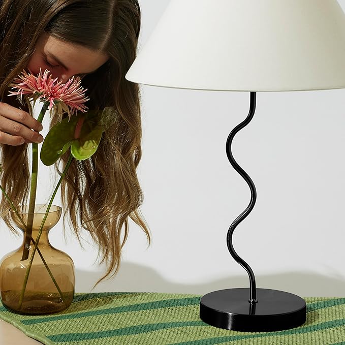 Brightech Squiggle Desk Lamp – Tall LED Table Lamp for Bedroom, Living Room, Office – Boho Mid-Century Modern Bedside Table Lamp with A-Line Open Shade and LED Bulb – Black