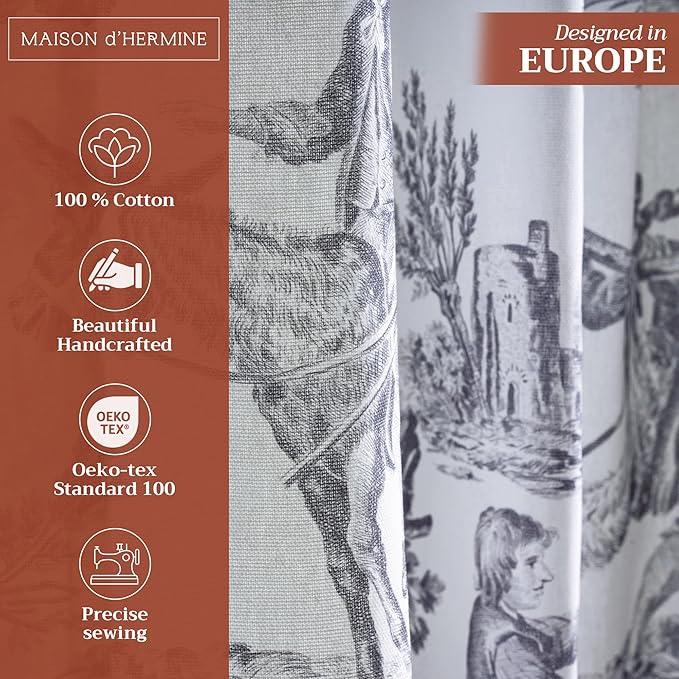 Maison d' Hermine Curtains for Living Room 100% Cotton 96 inch Length One Panel Light Filtering Toile Curtains with Rod and Loop Pockets (The Miller Paloma Gray (White Background), 50" W x 96" L)