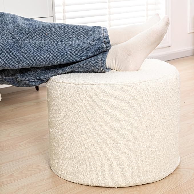 Asuprui Supportive Boucle Ottoman Foot Rest Elevate Your Living Room Decor with Lightweight Pouf Ottoman Filler and Comfort Cover Modern Foam Stuffed Poof Perfect to Rest Your Feet (Ivory)
