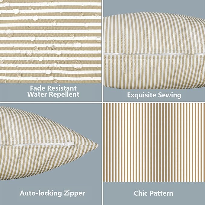LVTXIII Outdoor/Indoor Lumbar Pillow Covers ONLY, Patio Fade Resistant Lumbar Pillow Covers, All Weather Cushion Cases for Sofa, Patio Couch Decoration, 12"x20", 2 Pack, Stripe Beige