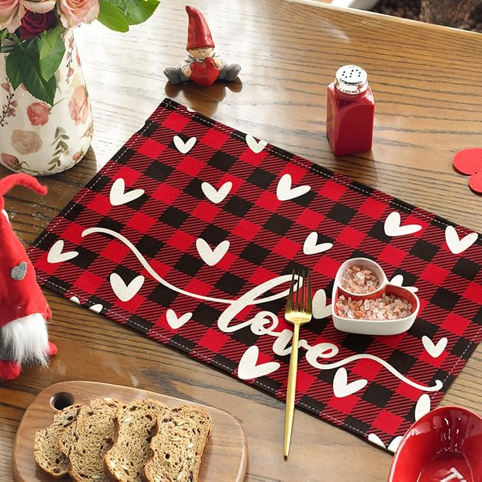 Artoid Mode Black Red Buffalo Plaid Love Valentine Placemats Set of 4, 12x18 Inch Seasonal Anniversary Holiday Table Mats for Party Kitchen Dining Decoration