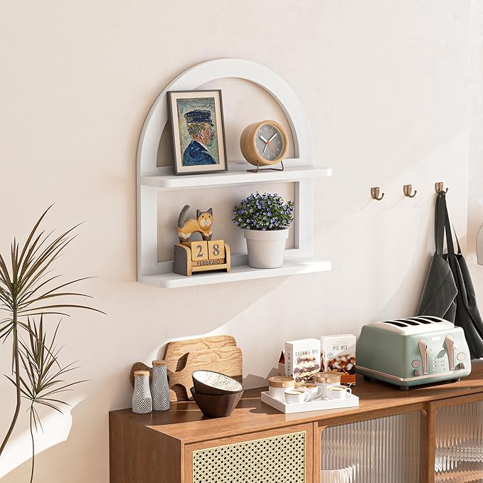 2 Tier Natural Arched Wall Shelf, Pine Wood Fan-shaped Nursery Floating Shelf, Cute Boho Shelf for Neutral Nursery Decor, Arched Bookshelf for Storage, Wooden Decorative Shelf for Home & Office, White