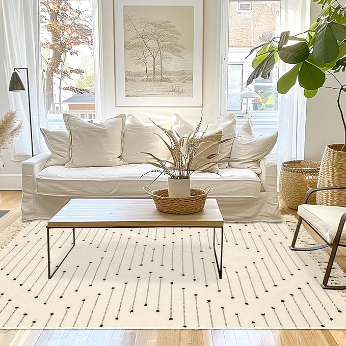 Tritard Boho Washable Area Rug 4x6 - Woven Cotton Entryway Bedroom Lightweight Throw Rugs with Tassels Farmhouse Aztec Low Pile Thin Carpet for Kitchen, Bathroom, Entrance, Living Room, Beige Cream