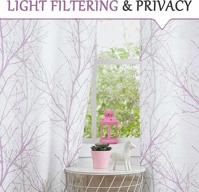 FMFUNCTEX Linen Semi Sheer Curtains for Bedroom, Lilac White Curtains 63 Inches Long for Living Room, Grey Tree Branch Patterned Curtain Light Filtering Farmhouse Window Drapes, Grommet Top 2 Panels