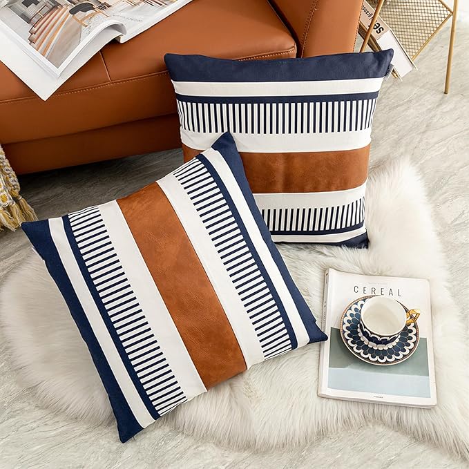 Set of 2 Large Couch Decorative Pillow Covers 26x26 Farmhouse Stripe Pillowcase, Faux Leather Accent Square Cushion Cover for Sofa Chair Bedroom Modern Decor